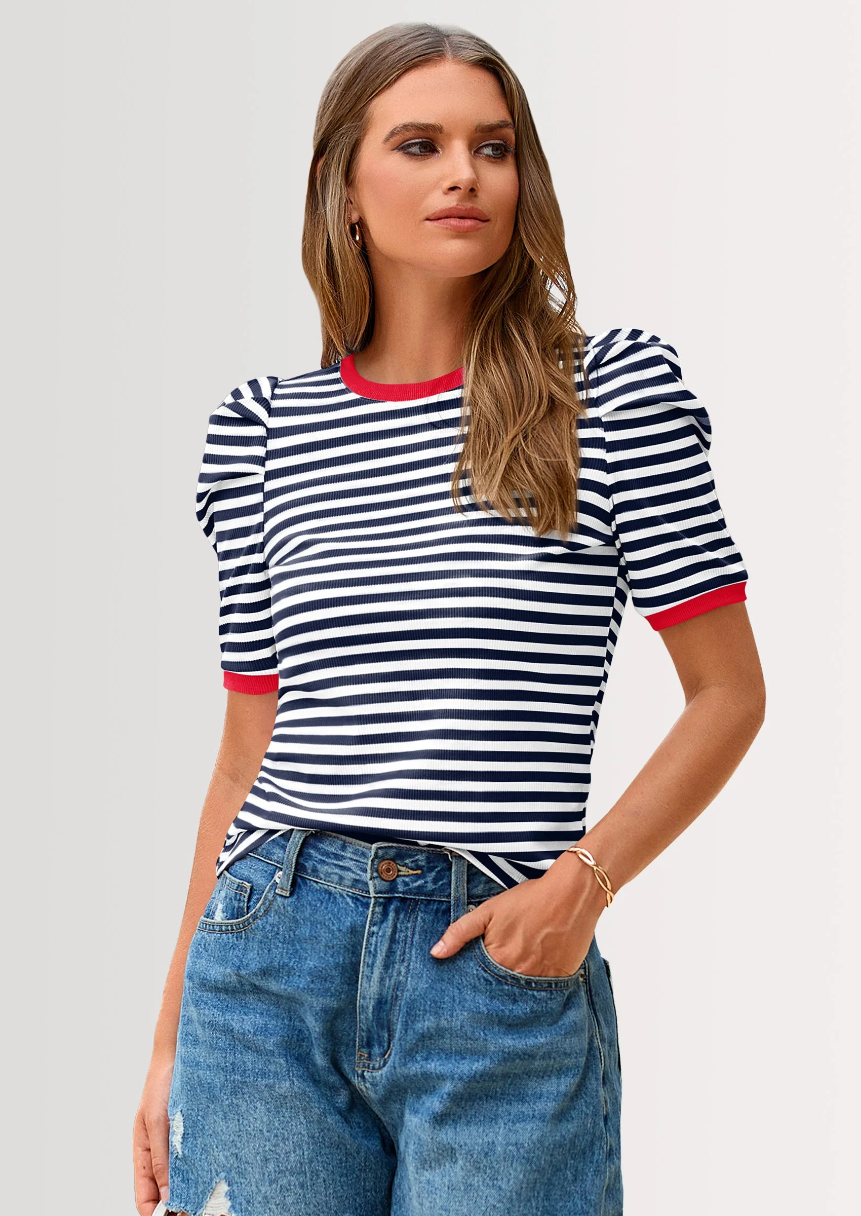 PRETTYGARDEN Women's Summer Puff Sleeve Tops Casual Ribbed Knit Crop Top Color Block Trendy Crewneck Striped Shirts - Image 34
