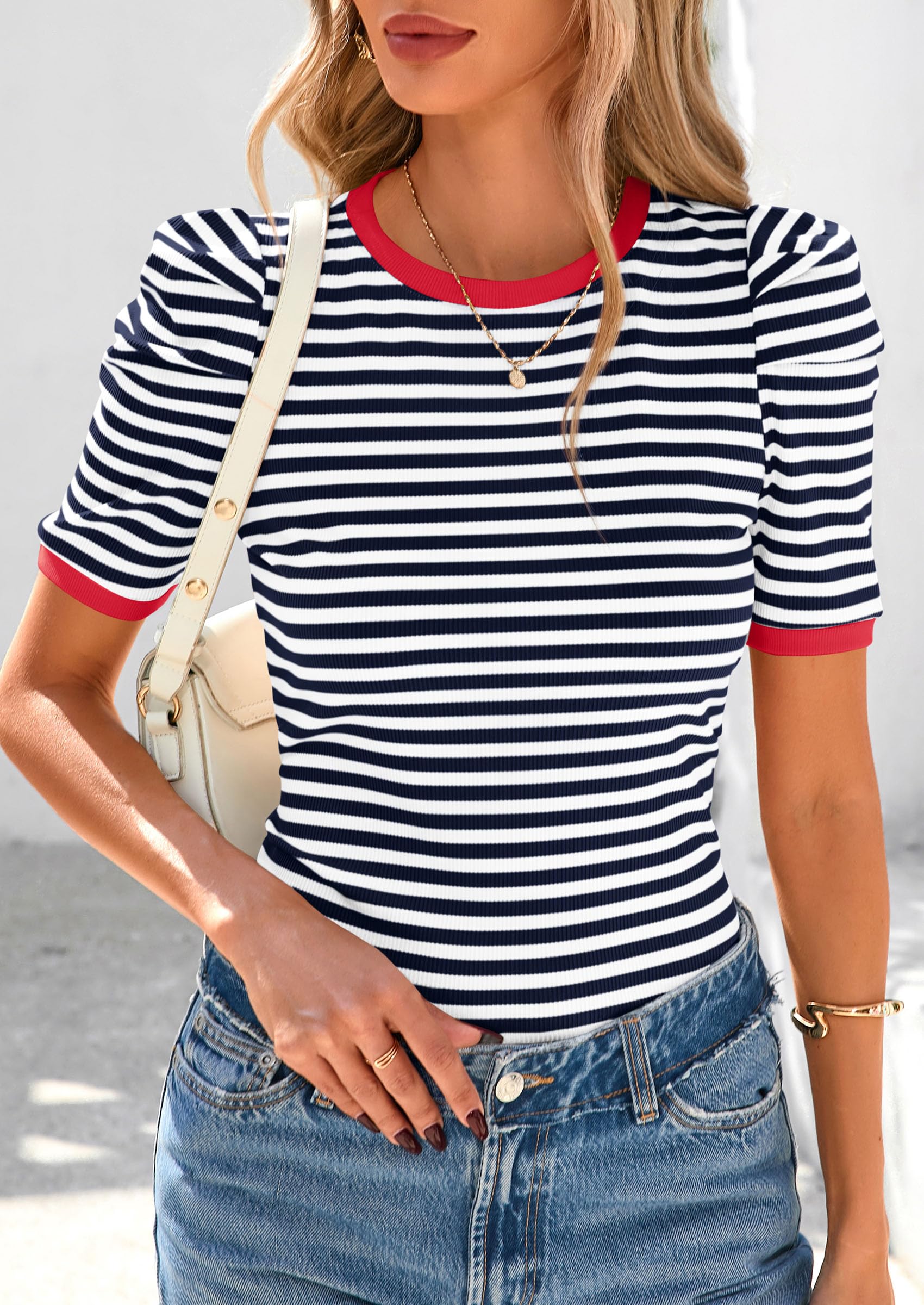 PRETTYGARDEN Women's Summer Puff Sleeve Tops Casual Ribbed Knit Crop Top Color Block Trendy Crewneck Striped Shirts - Image 36