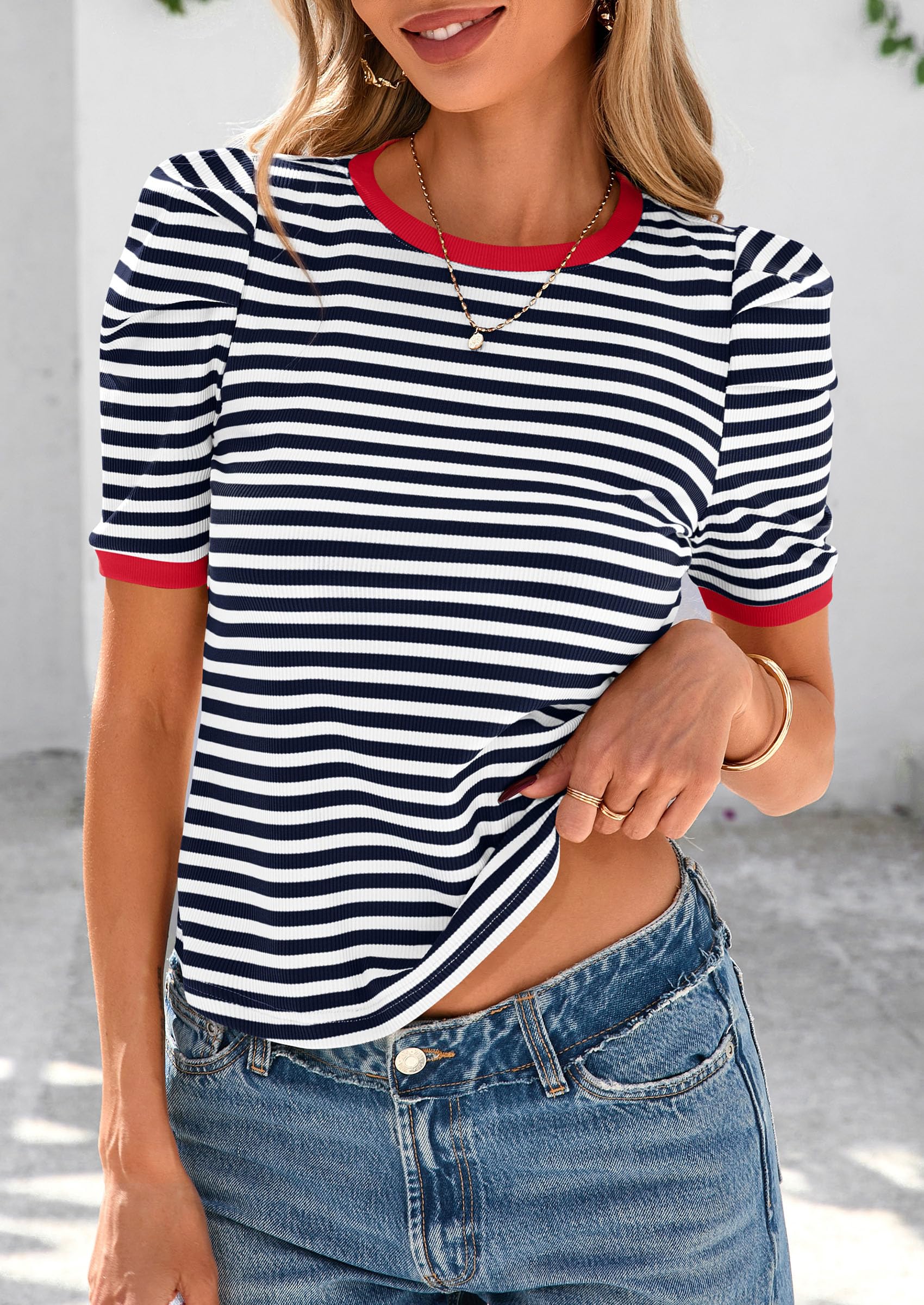 PRETTYGARDEN Women's Summer Puff Sleeve Tops Casual Ribbed Knit Crop Top Color Block Trendy Crewneck Striped Shirts - Image 38