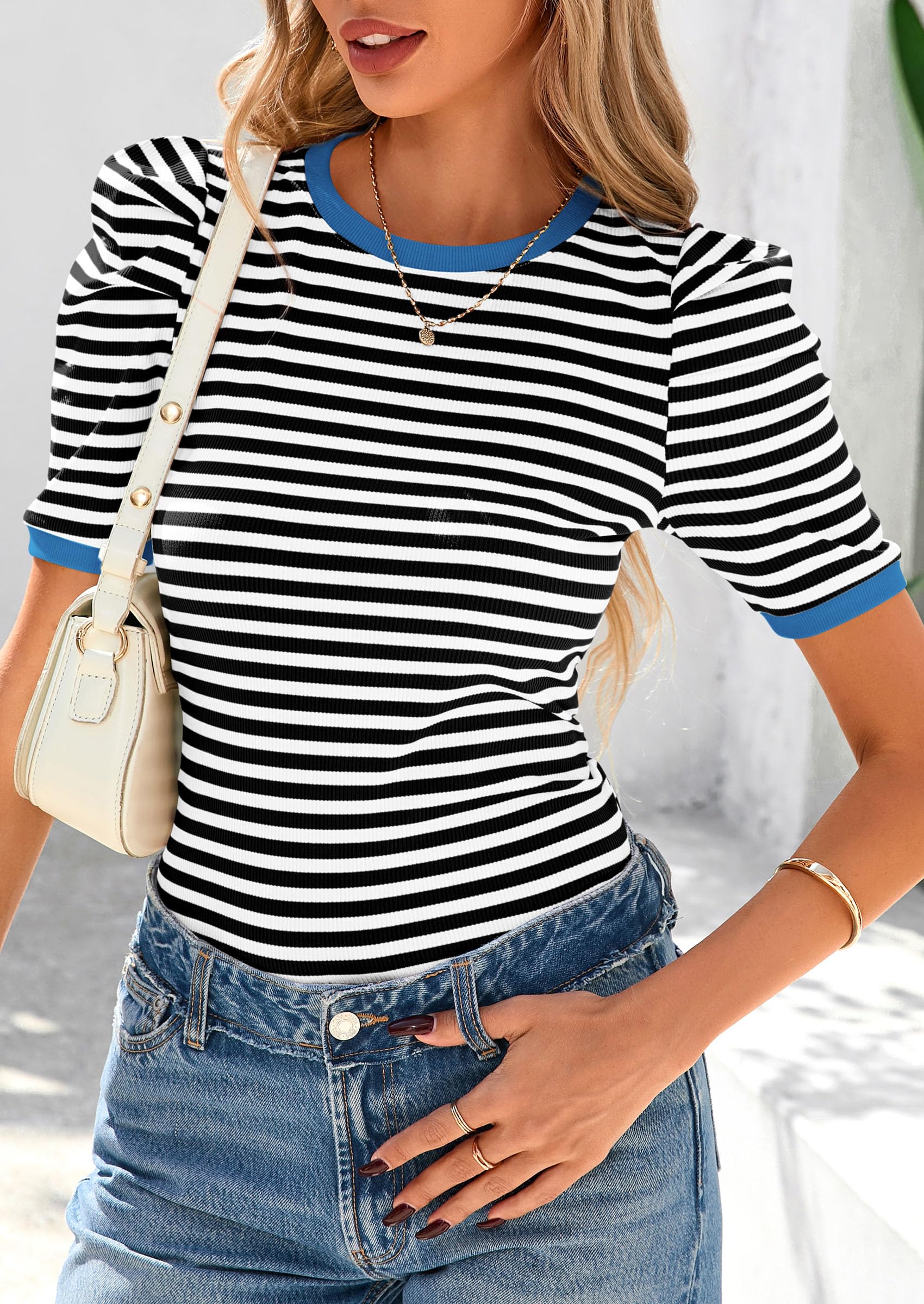 PRETTYGARDEN Women's Summer Puff Sleeve Tops Casual Ribbed Knit Crop Top Color Block Trendy Crewneck Striped Shirts - Image 4