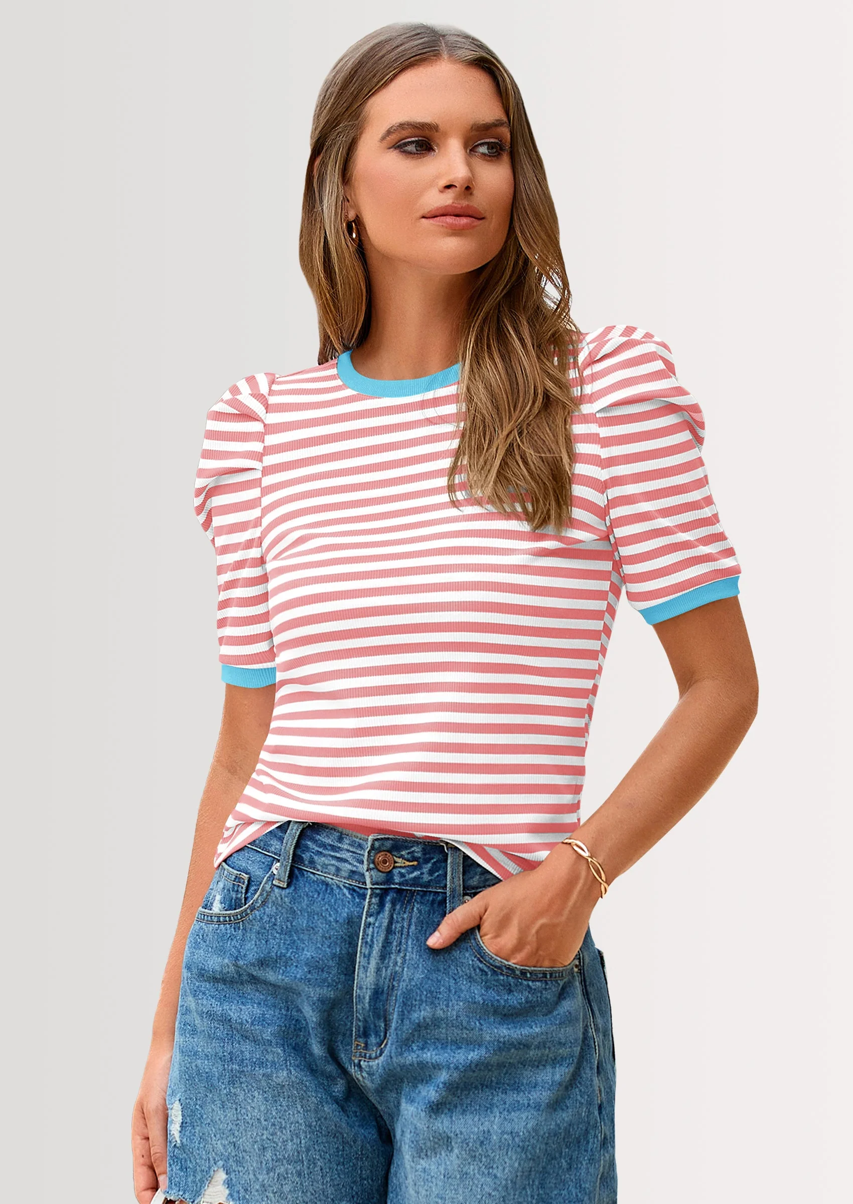 PRETTYGARDEN Women's Summer Puff Sleeve Tops Casual Ribbed Knit Crop Top Color Block Trendy Crewneck Striped Shirts - Image 42