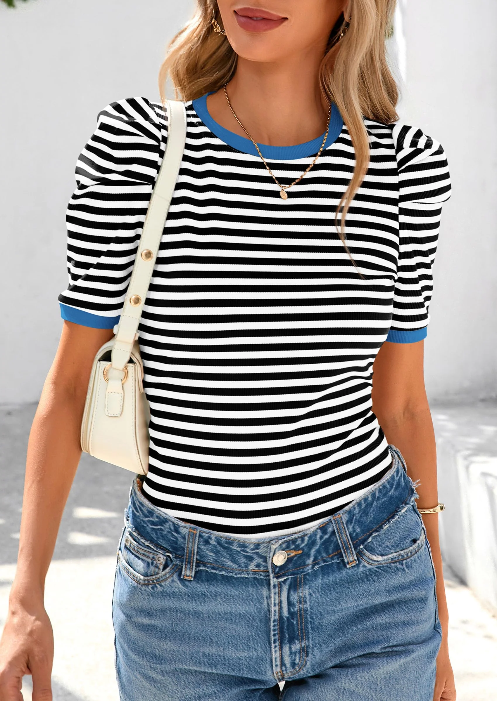 PRETTYGARDEN Women's Summer Puff Sleeve Tops Casual Ribbed Knit Crop Top Color Block Trendy Crewneck Striped Shirts - Image 7