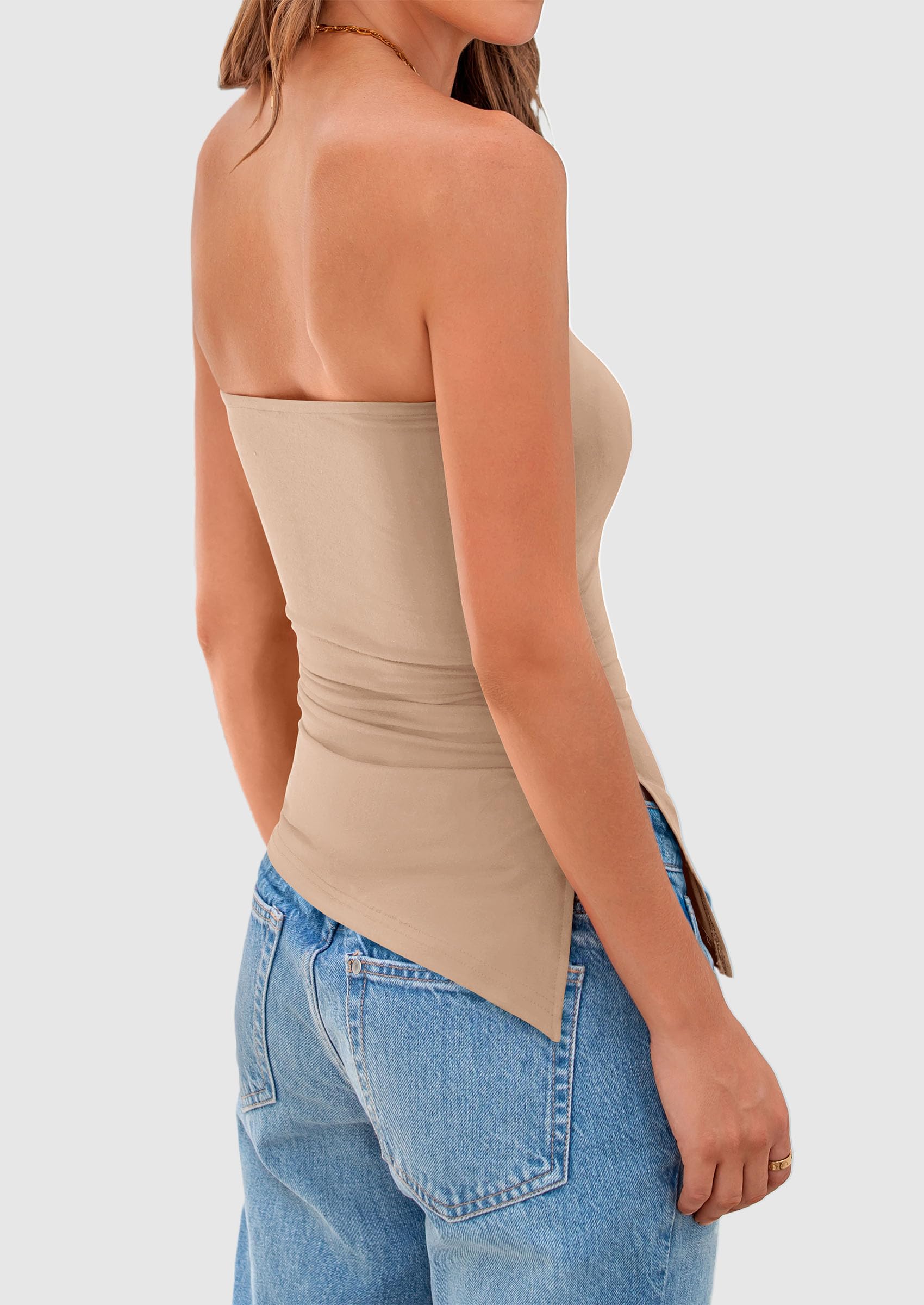 PRETTYGARDEN Womens Summer Tube Tops Trendy Strapless Ruched Going Out Tops Outfits Asymmetrical Bandeau Shirts - Image 22