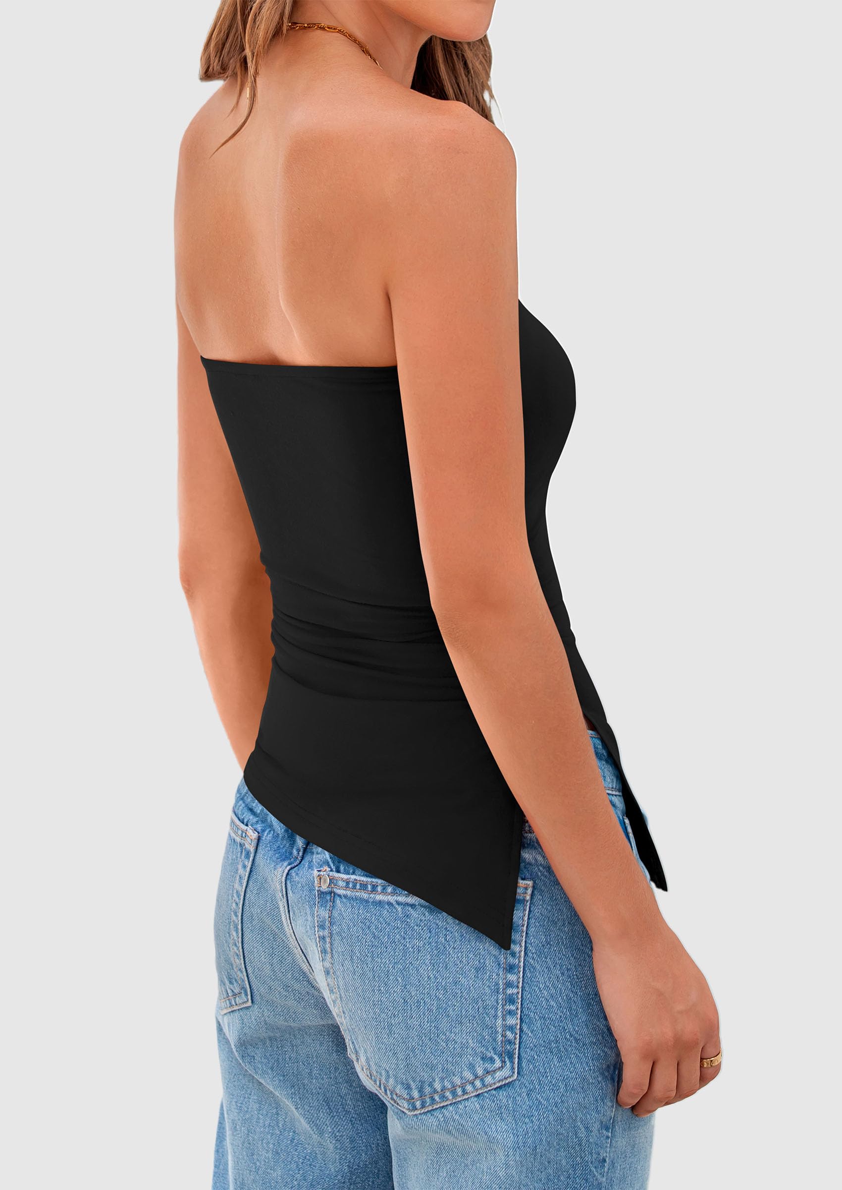 PRETTYGARDEN Womens Summer Tube Tops Trendy Strapless Ruched Going Out Tops Outfits Asymmetrical Bandeau Shirts - Image 38