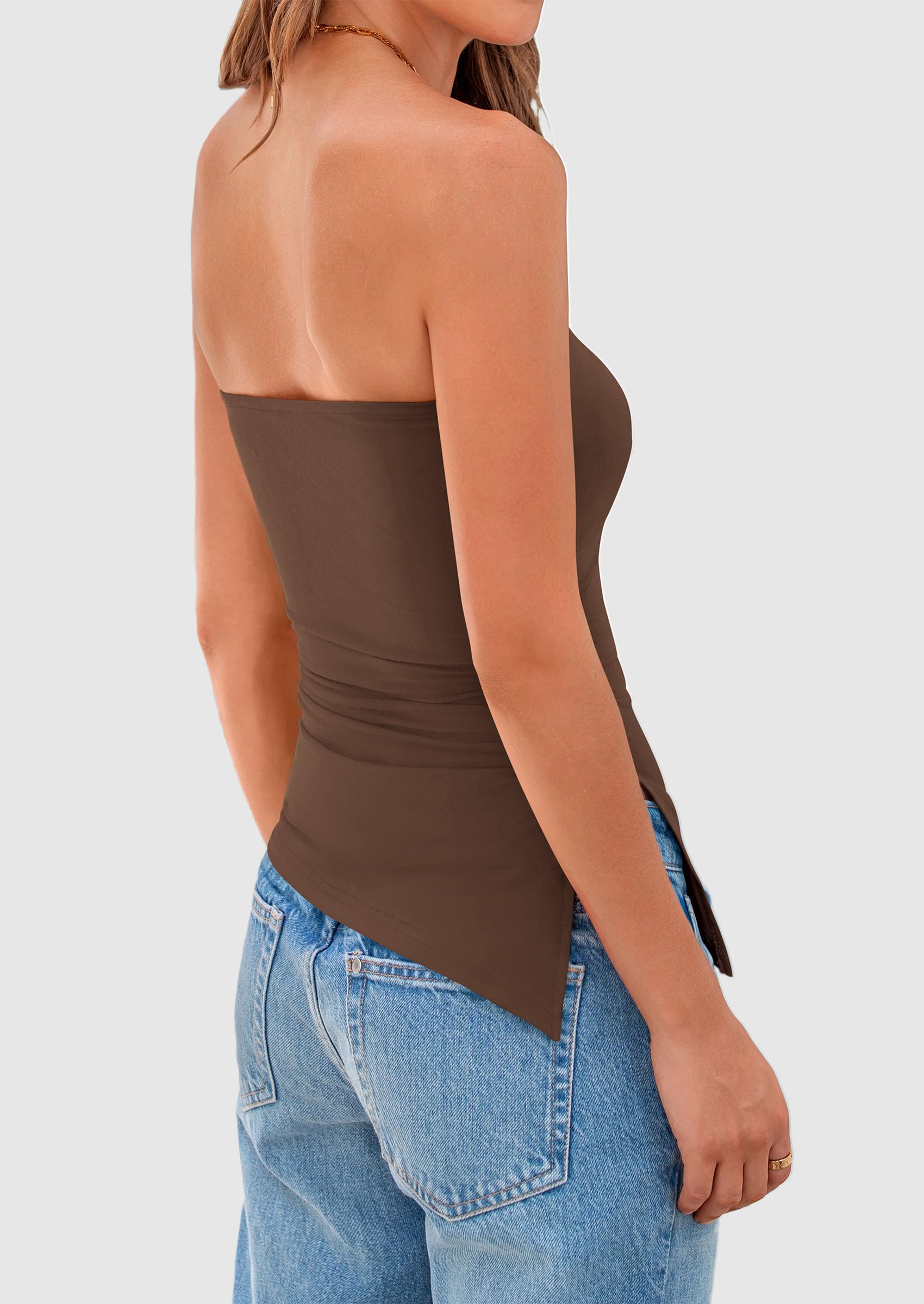 PRETTYGARDEN Womens Summer Tube Tops Trendy Strapless Ruched Going Out Tops Outfits Asymmetrical Bandeau Shirts - Image 46