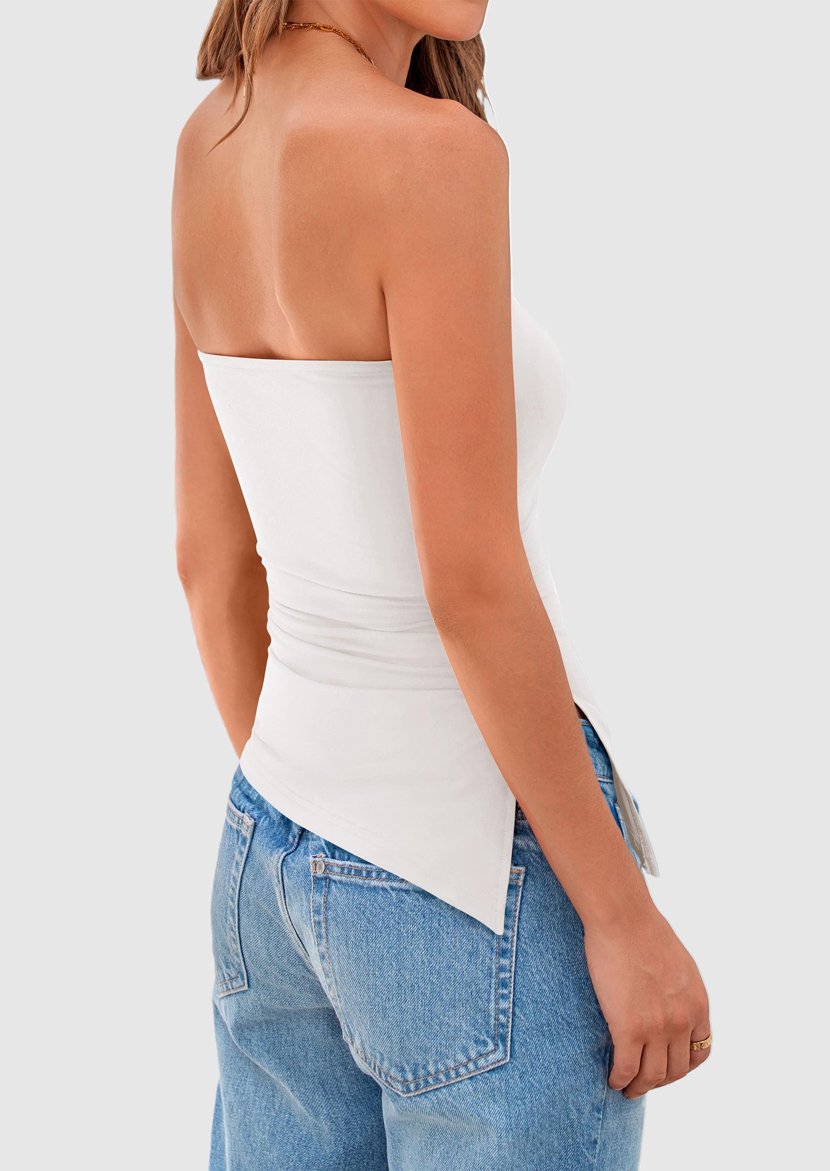 PRETTYGARDEN Womens Summer Tube Tops Trendy Strapless Ruched Going Out Tops Outfits Asymmetrical Bandeau Shirts - Image 9