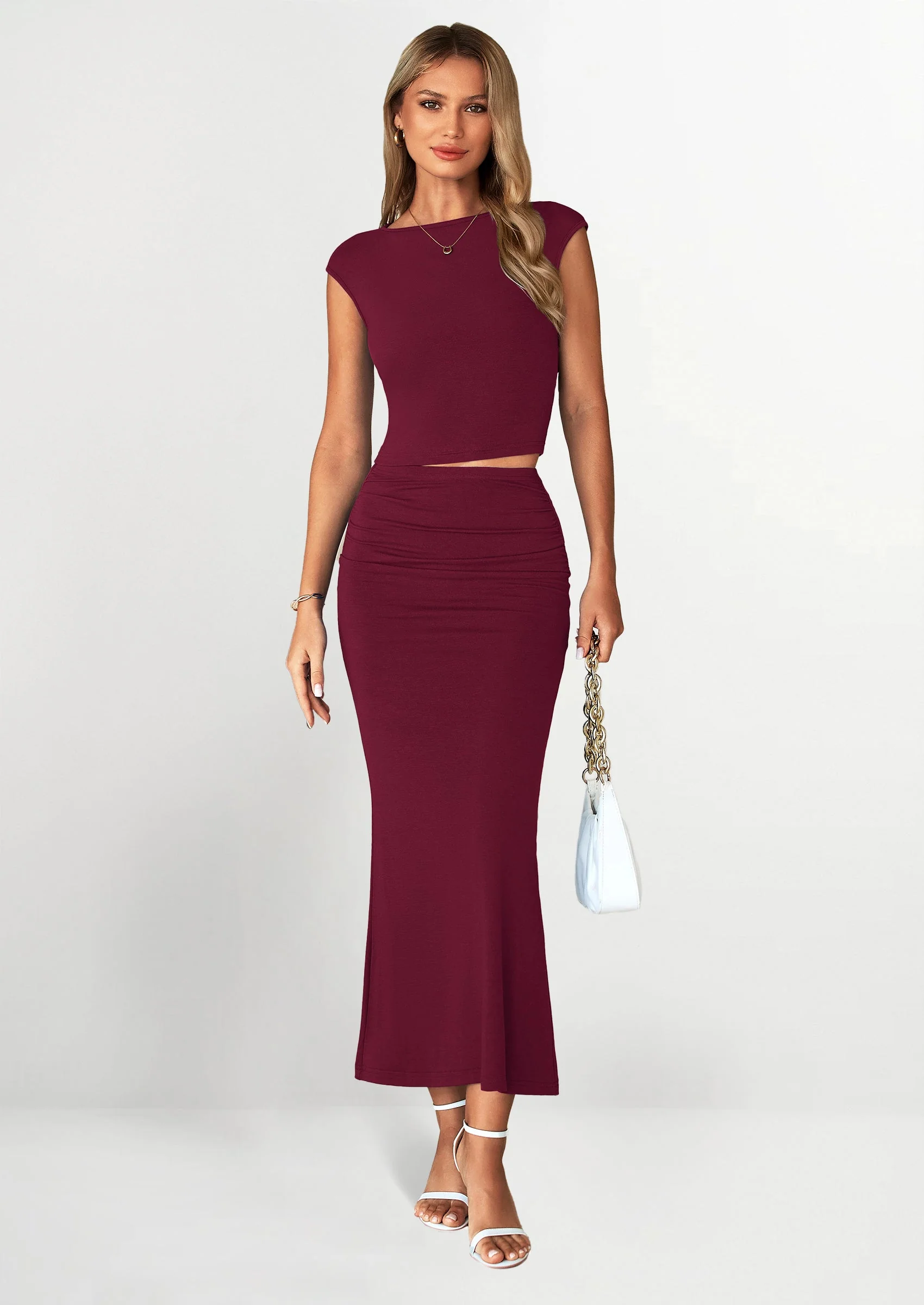 PRETTYGARDEN Summer 2 Piece Sets for Women Going Out Casual Cap Sleeve Crop Tops Ruched Maxi Long Skirts Spring Outfits - Image 26