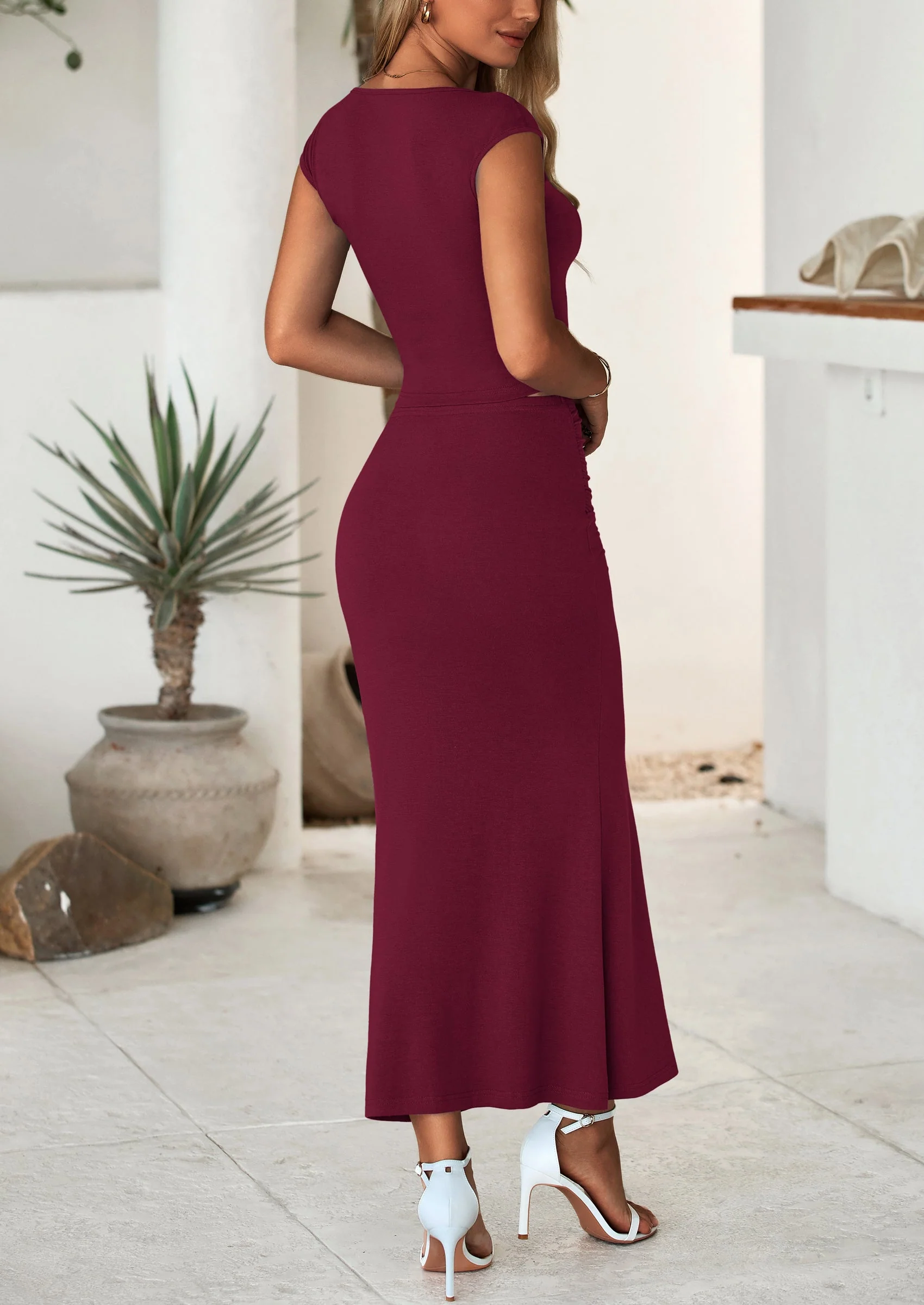 PRETTYGARDEN Summer 2 Piece Sets for Women Going Out Casual Cap Sleeve Crop Tops Ruched Maxi Long Skirts Spring Outfits - Image 27