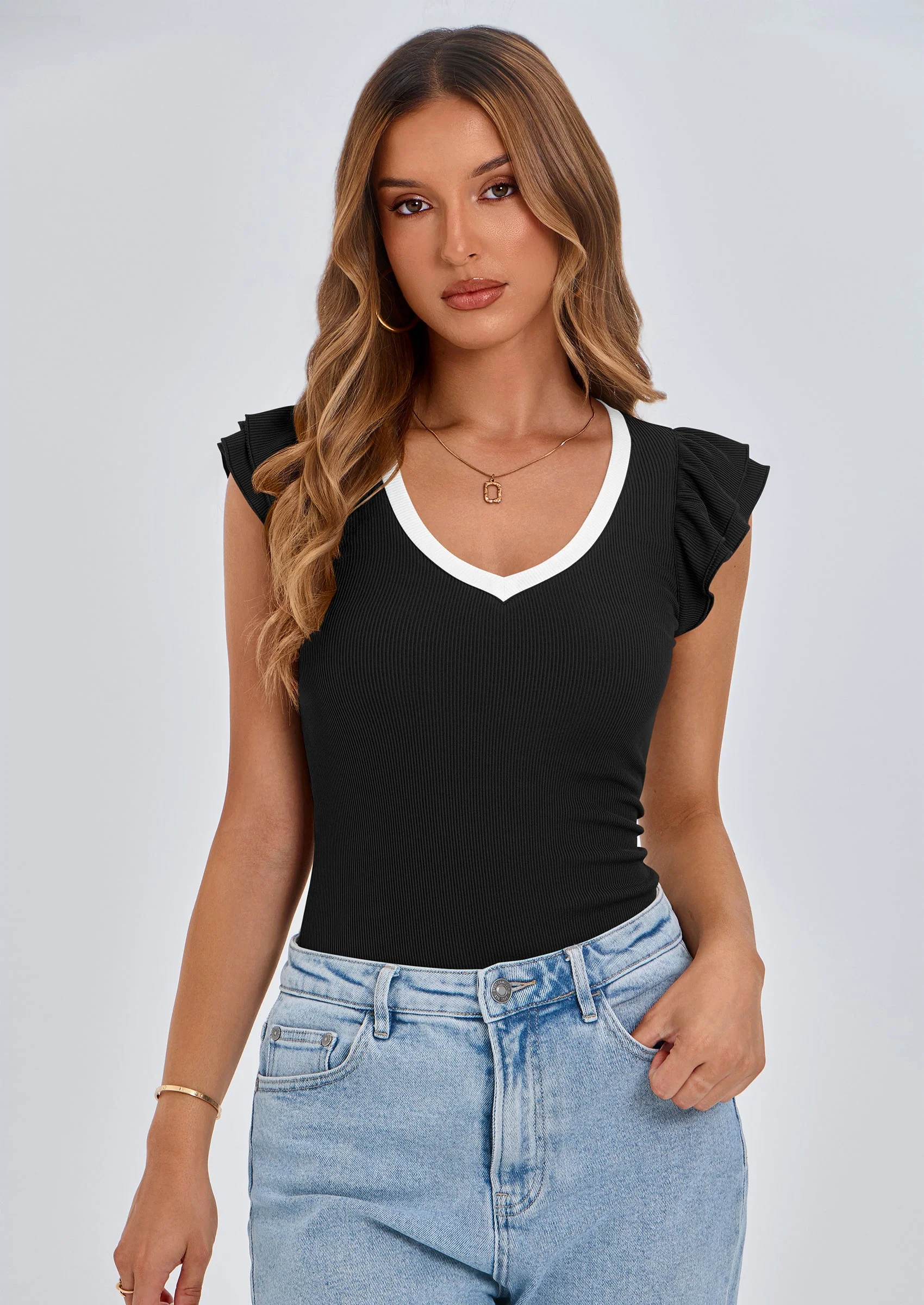 PRETTYGARDEN Womens V Neck Summer Tops Ruffle Sleeveless Slim Fit T Shirts Going Out Casual Blouses - Image 18