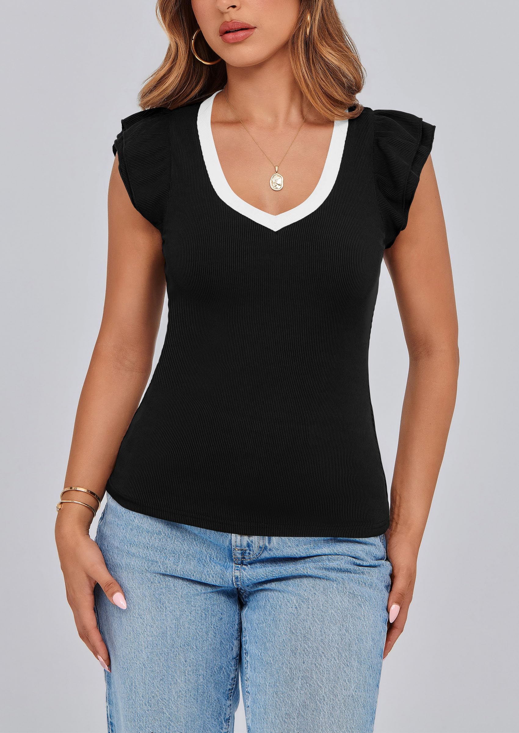 PRETTYGARDEN Womens V Neck Summer Tops Ruffle Sleeveless Slim Fit T Shirts Going Out Casual Blouses - Image 22