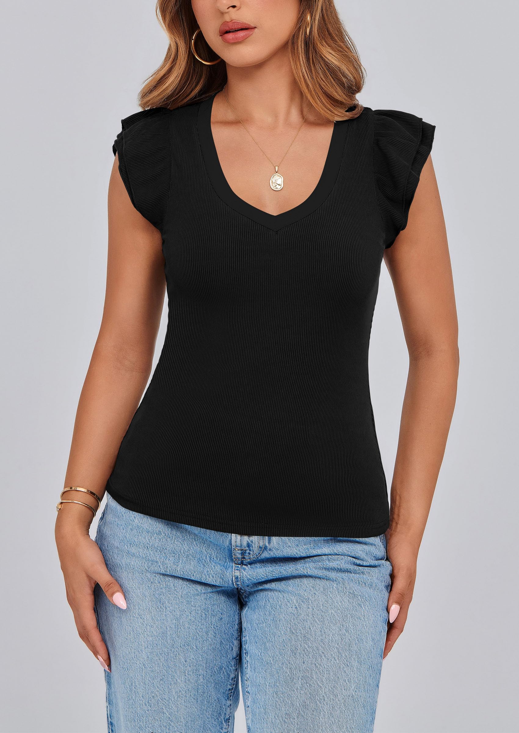 PRETTYGARDEN Womens V Neck Summer Tops Ruffle Sleeveless Slim Fit T Shirts Going Out Casual Blouses - Image 30