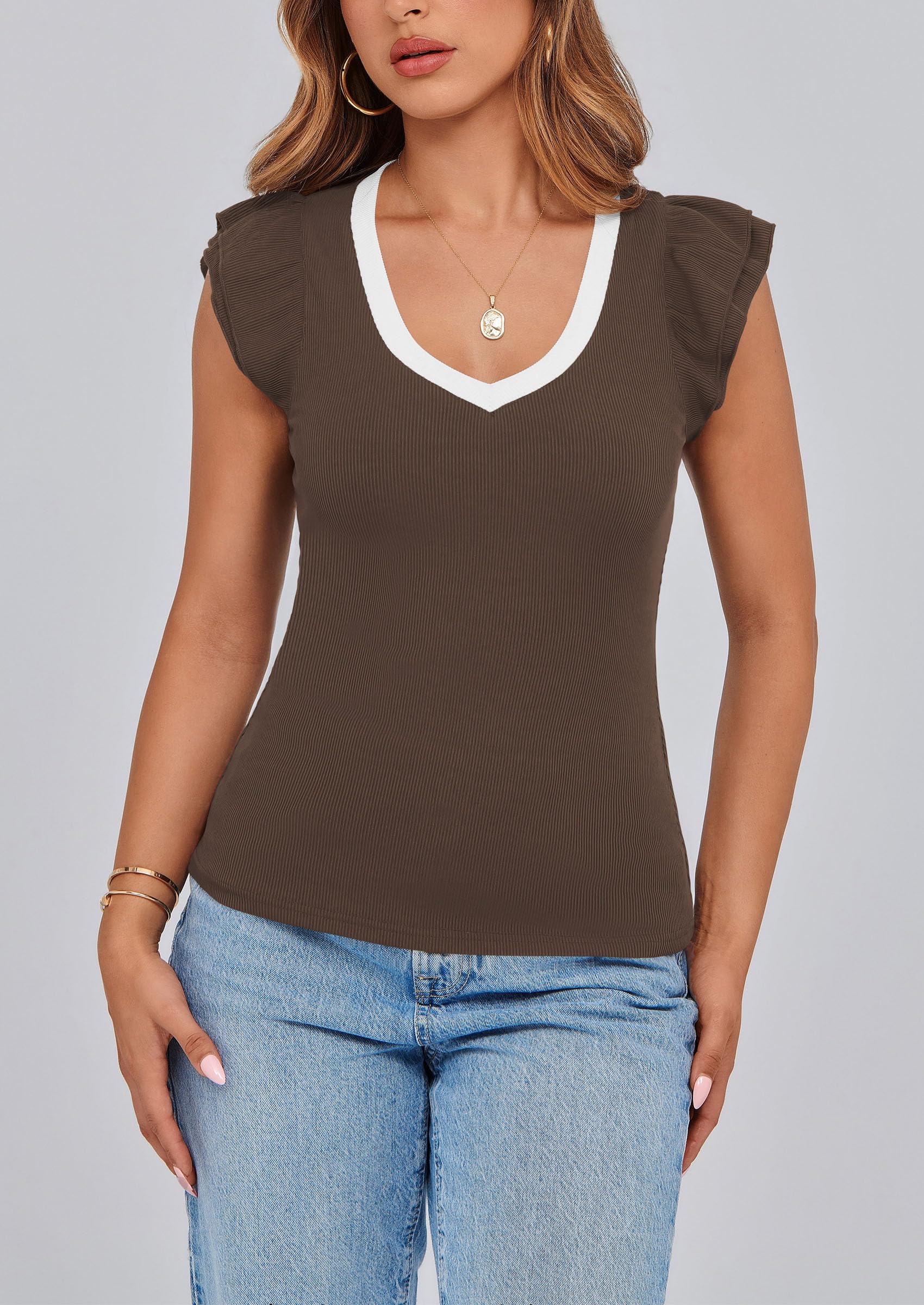 PRETTYGARDEN Womens V Neck Summer Tops Ruffle Sleeveless Slim Fit T Shirts Going Out Casual Blouses - Image 5