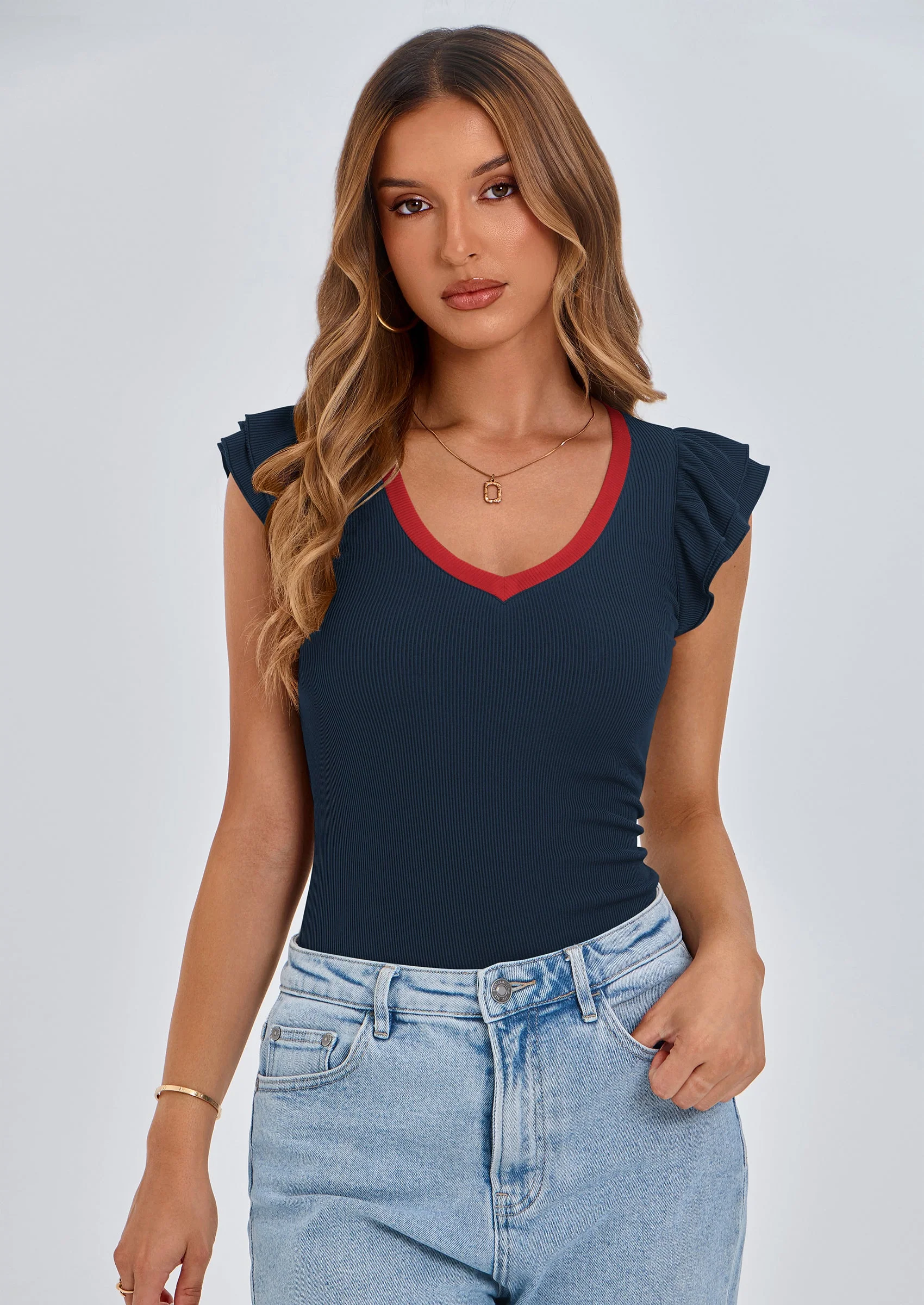 PRETTYGARDEN Womens V Neck Summer Tops Ruffle Sleeveless Slim Fit T Shirts Going Out Casual Blouses - Image 50