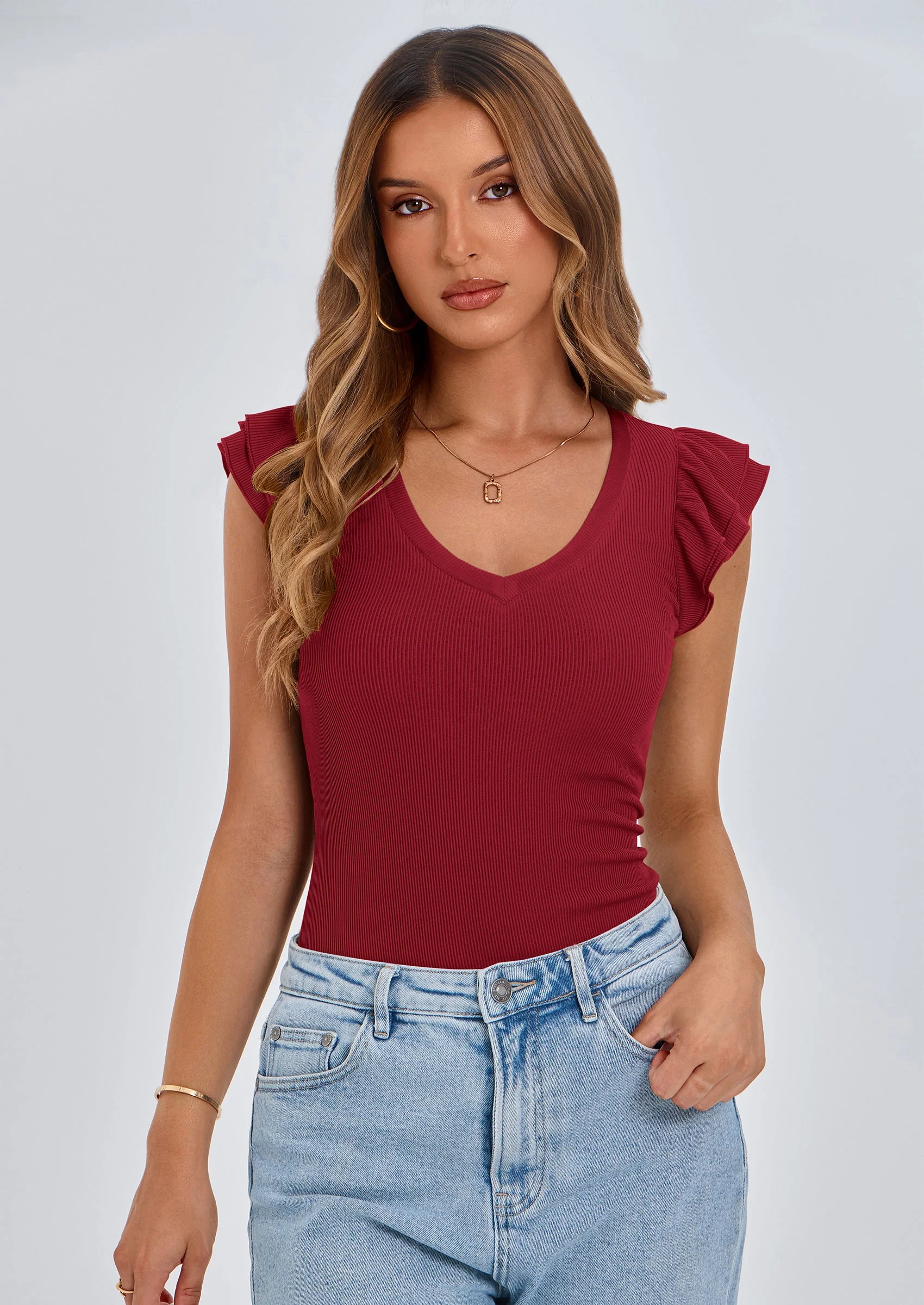 PRETTYGARDEN Womens V Neck Summer Tops Ruffle Sleeveless Slim Fit T Shirts Going Out Casual Blouses - Image 58