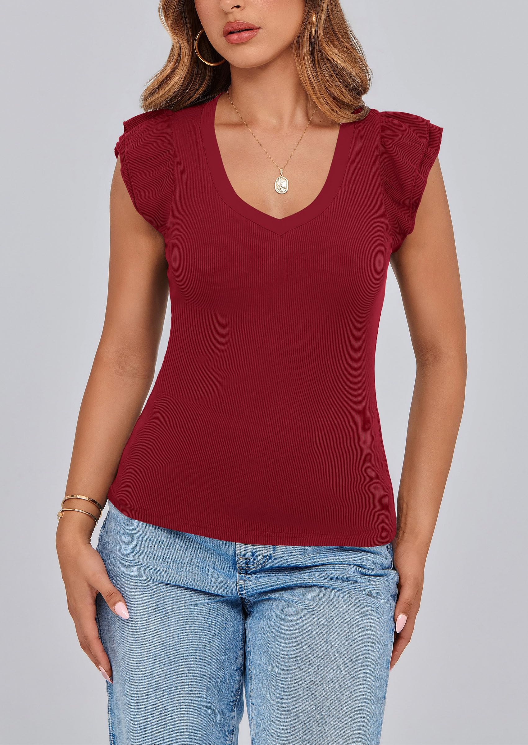 PRETTYGARDEN Womens V Neck Summer Tops Ruffle Sleeveless Slim Fit T Shirts Going Out Casual Blouses - Image 62